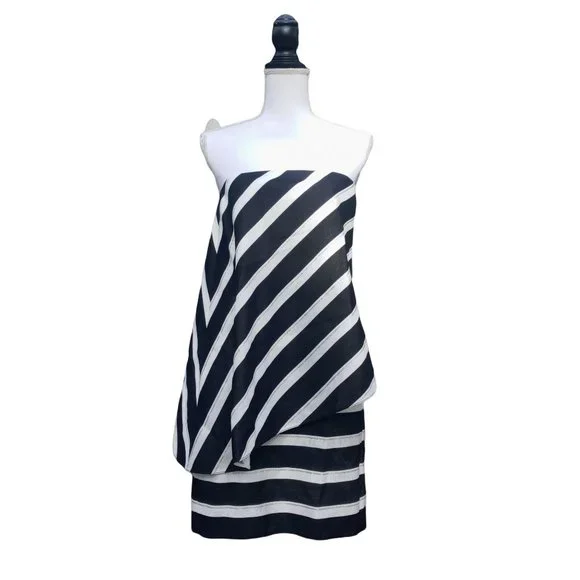 Halston Heritage | Dresses | Halston Mini Dress Womens Size 4 Silver Black  White Diagonal Line Stripe Nwt | Poshmark